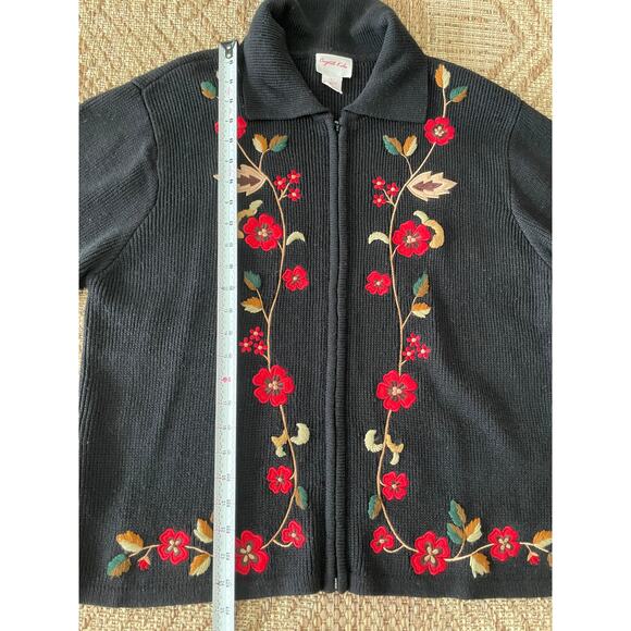 VTG> Crystal -Kobe Zipper front Cardigan Sweater floral Embroidery SZ L - Picture 8 of 8